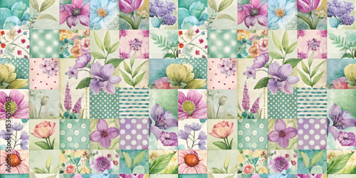 Colorful floral patchwork design featuring vibrant blooms and patterns.