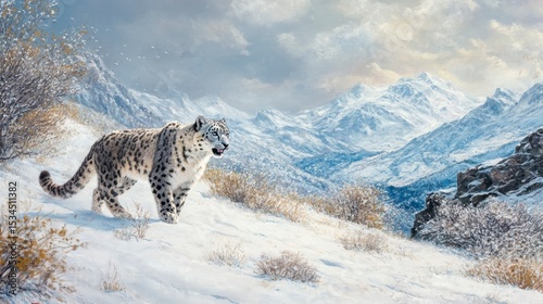 Majestic snow leopard gracefully walking on a snow-covered mountain slope, overlooking a breathtaking snowy mountain range under a dramatic sky.