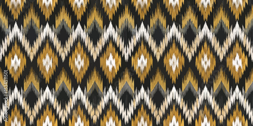 Bold geometric pattern featuring warm gold, white, and black tones.