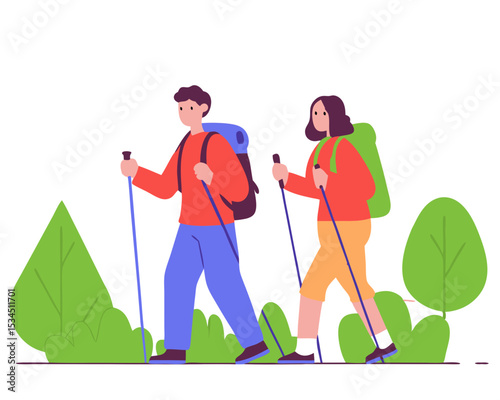 Couple Hiking with Backpacks & Nordic Poles - Mountain Trekking Vacation Vector for Web Banners, Travel Websites & Landing Pages