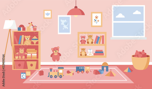 Kindergarten or preschool activities. Сhildren playing with cars, drawing and make crafts. Cartoon bundle, vector illustration. Modern room with furniture, sunlight from window.