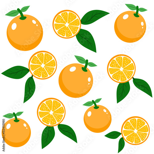 seamless pattern with lemons, illustration of Orange fruit, half and slices orange fruit for clipping path.