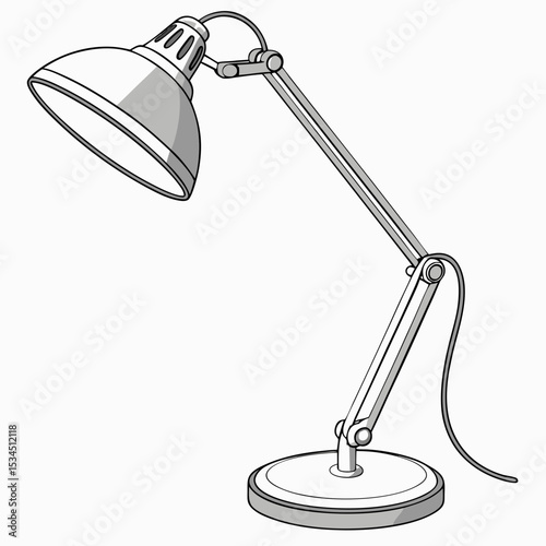 3D render of a sleek, modern desk lamp with a metallic finish, casting soft light. Minimalist style, white background, high-resolution isolated object, ideal for product presentation, office interior 