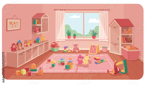 Kindergarten or preschool activities. Сhildren playing with cars, drawing and make crafts. Cartoon bundle, vector illustration. Modern room with furniture, sunlight from window.
