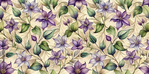 A vibrant floral pattern featuring purple flowers and lush green leaves.