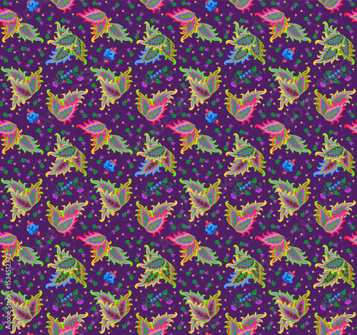Bright folklore print for fabric with multi-colored coleus leaves and small flowers and branches with berries on a dark purple background. Beautiful boho pattern for curtain, dress, scarf, tablecloth.