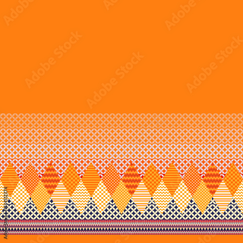 Beautiful seamless abstract orange fabric print with diamond-shaped patches and an ornamental horizontal border. Bright geometric pattern.
