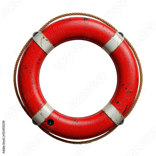 Authentic Red Lifebuoy Ring with Detailed Texture and Clear Nautical Design Isolated on White Background