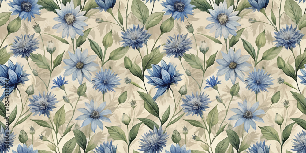 Obraz premium Delicate blue flowers with green leaves create a serene floral pattern.