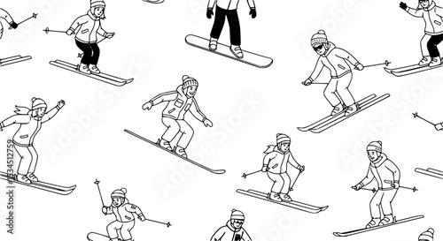 Seamless pattern with adults and children in winter snow suits snowboarding and skiing. Backdrop with male and female cartoon ski and snowboard riders. Flat cartoon vector illustration for wallpaper.
