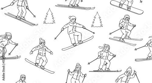 Seamless pattern with adults and children in winter snow suits snowboarding and skiing. Backdrop with male and female cartoon ski and snowboard riders. Flat cartoon vector illustration for wallpaper.