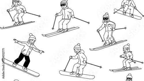 Seamless pattern with adults and children in winter snow suits snowboarding and skiing. Backdrop with male and female cartoon ski and snowboard riders. Flat cartoon vector illustration for wallpaper.