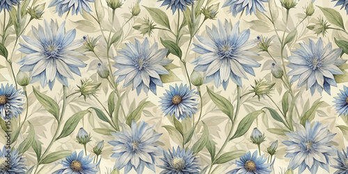 A beautifully detailed floral pattern featuring blue flowers and soft green leaves.