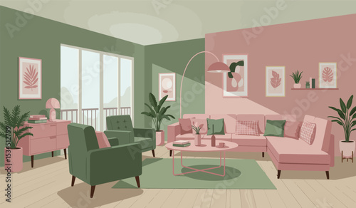 Modern living room with sofa, table, carpet, plants and other decor. Vector flat illustration of interior design and furniture