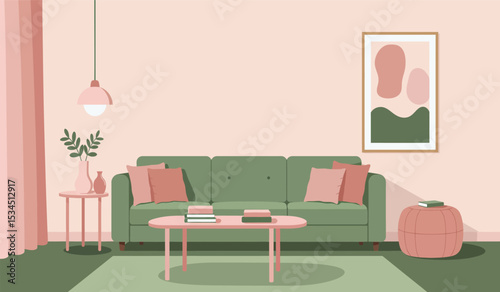 Modern living room with sofa, table, carpet, plants and other decor. Vector flat illustration of interior design and furniture