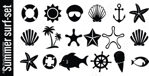Summer surf set black and white icon collection for web and print 