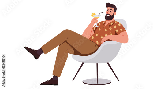 Young man working online from home, sitting in comfy armchair, using laptop and having phone conversation with business partner, copy space. Flat vector illustration isolated on white background