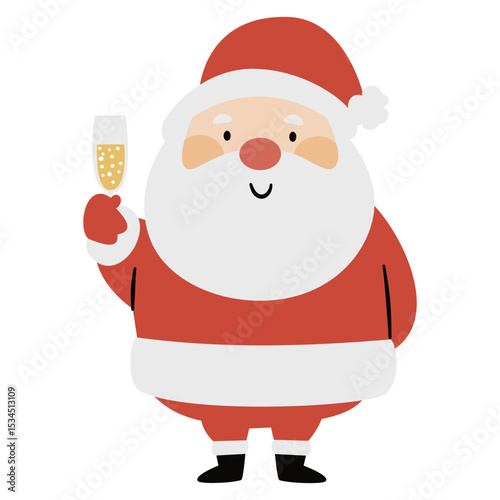 Cute santa claus holding a champagne glass. Flat vector illustration on white background in simple child style. Vector illustration
