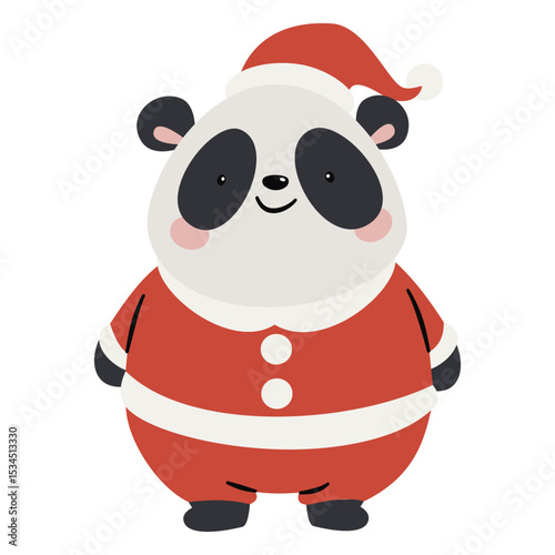Cute panda in santa claus costume. Flat vector illustration on white background in simple child style. Vector illustration