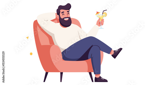 Young man working online from home, sitting in comfy armchair, using laptop and having phone conversation with business partner, copy space. Flat vector illustration isolated on white background