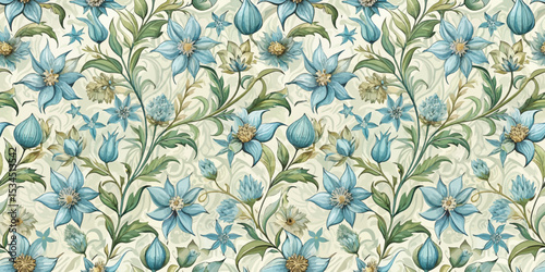 Elegant blue floral pattern with intricate details on a soft cream background.