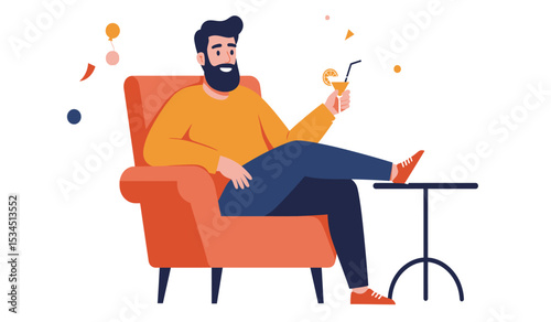 Young man working online from home, sitting in comfy armchair, using laptop and having phone conversation with business partner, copy space. Flat vector illustration isolated on white background