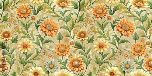 Beautiful floral pattern with yellow and orange daisies on a soft green background.