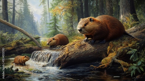 Three beavers on a log by a forest stream.