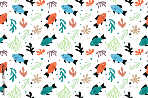 Seamless marine pattern. Colorful fish and corals on a white background. Flat style. Vector illustration