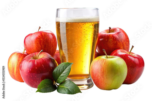 Glass of sparkling apple cider with fresh red and green apples isolated on transparent background