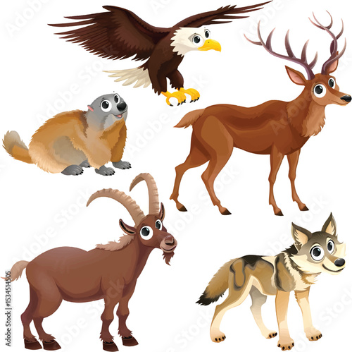 Adorable mountain animals gathered in a scenic alpine setting, full of charm and wilderness.