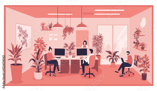 People work together in a coworking center. People communicate, work, exchange experience. Modern workplace. Vector illustration