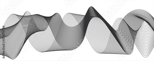 Abstract digital composition with smooth, flowing waveforms made of fine, parallel grey lines.Modern digital and geometric technology themes & data visualizations, scientific concept.