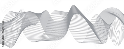 Abstract digital composition with smooth, flowing waveforms made of fine, parallel grey lines.Modern digital and geometric technology themes & data visualizations, scientific concept.