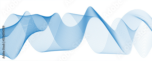 Abstract digital composition with smooth, flowing waveforms made of fine, parallel blue lines.Modern digital and geometric technology themes & data visualizations, scientific concept.