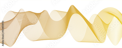 Abstract digital composition with smooth, flowing waveforms made of fine, parallel golden lines.Modern digital and geometric technology themes & data visualizations, scientific concept.