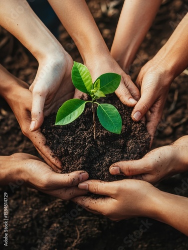 Collaboration to plant trees for a better environment Several pairs of hands were holding a small sapling. Ready to plant in the ground It shows unity and taking care of nature together