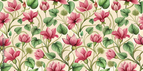 Beautiful floral pattern featuring pink flowers and green leaves on a soft background.