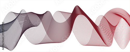 Abstract maroon line wave with geometric technology and frequency gradient lines. Smooth, flowing waveforms formed and fine parallel lines. Dynamic gradient effect.