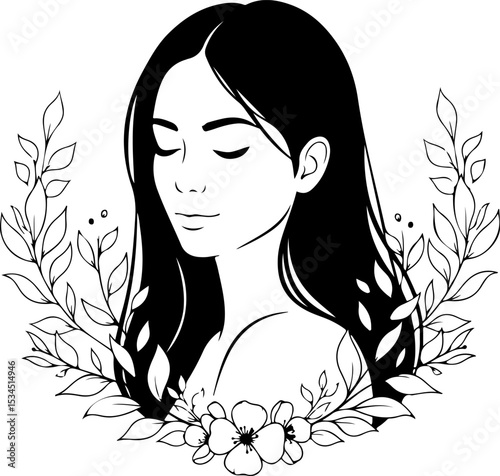 Elegant black and white floral portrait of a serene woman.
