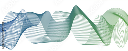 Abstract blue line wave with geometric technology and frequency gradient lines. Smooth, flowing waveforms formed and fine parallel lines. Dynamic gradient effect.