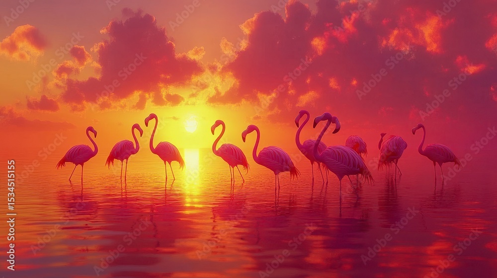 Naklejka premium Pink flamingos stand in tranquil water at sunset, reflecting the vibrant colors of the sky.
