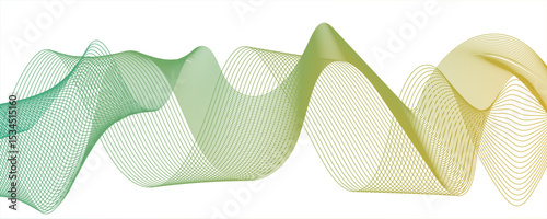 Abstract green line wave with geometric technology and frequency gradient lines. Smooth, flowing waveforms formed and fine parallel lines. Dynamic gradient effect.