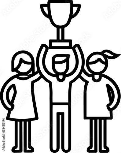 Three children celebrating victory by holding up a trophy together  