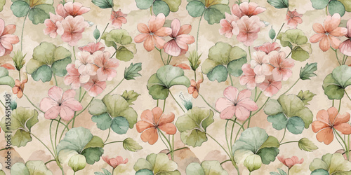 A delicate floral pattern featuring softly painted pink and orange flowers.