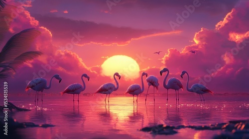 Seven flamingos stand in shallow water at sunset, silhouetted against vibrant pink and orange clouds.