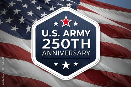 U.S. Army 250th Anniversary badge, patriotic emblem with American flag background, military celebration, illustration of national defense milestone, stars and stripes honor.