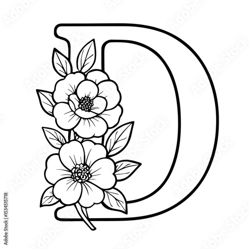 Floral Alphabet Letter 'D' Line Art - Elegant Monogram with Spring Flowers (Coloring Book Style)