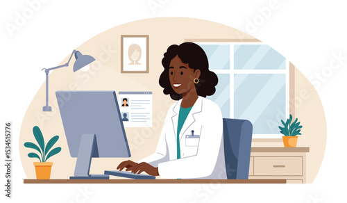 Doctor accessing digital health records on laptop flat design illustration isolated on white background