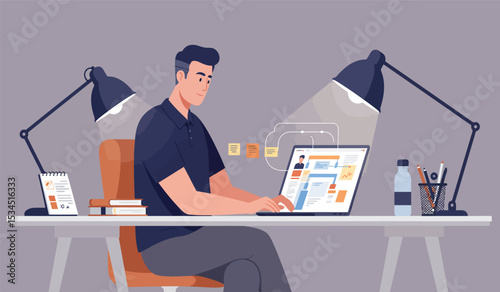 Business meeting or negotiation in office at table.  office meeting, business people working and discussion illustration